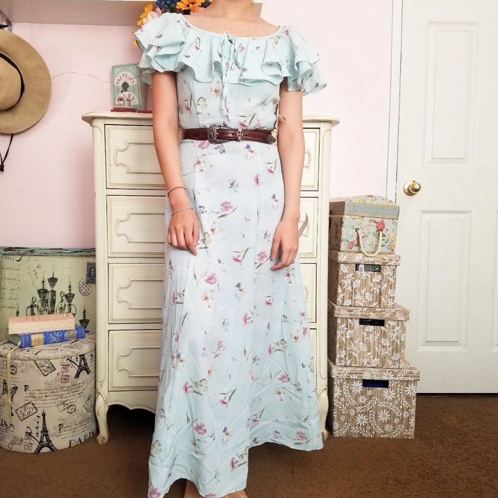 Vintage 90s Blue Floral Ruffled Maxi Dress
